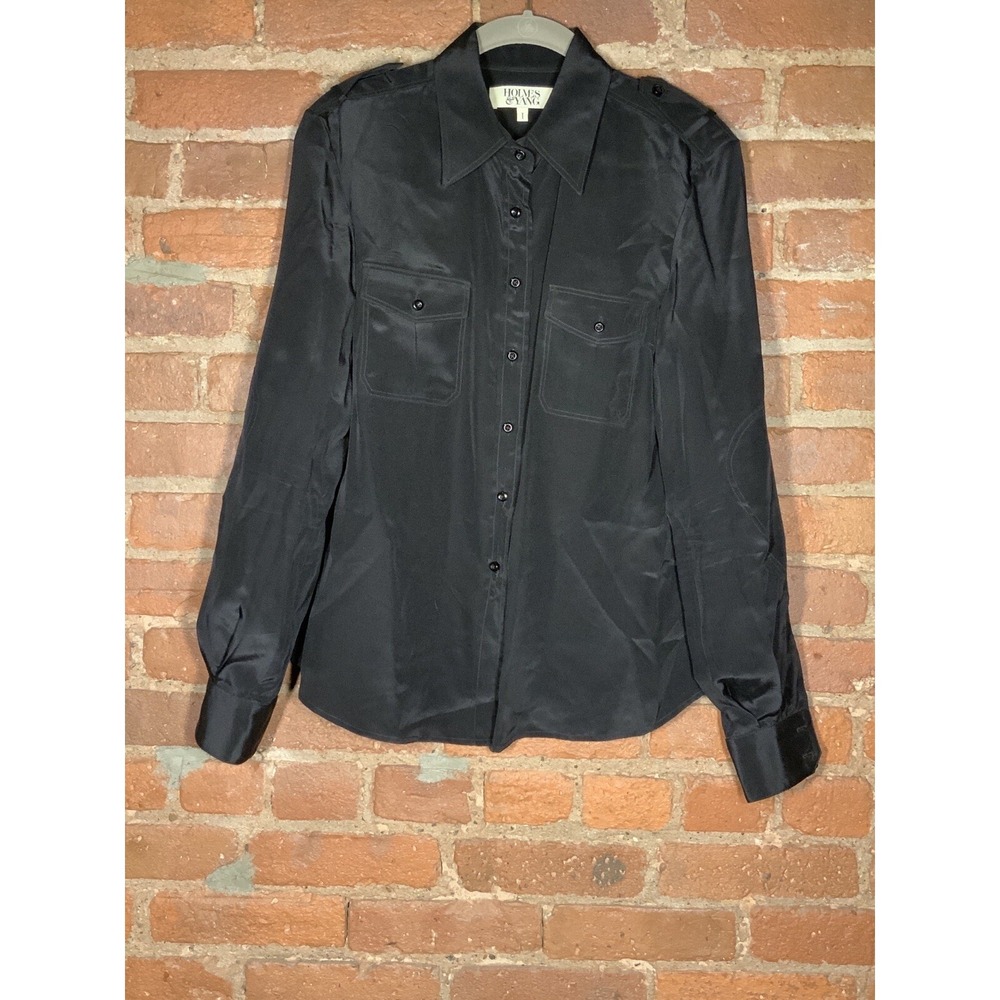 Holmes & Yang Women's 100% Black Silk Button Up Top & Pant Set Size 4 To 6 NWOT